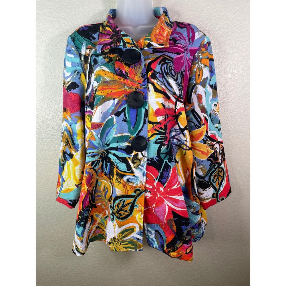 Ali Miles Womens L Jacket Multi Color Abstract Floral Button Front Textured